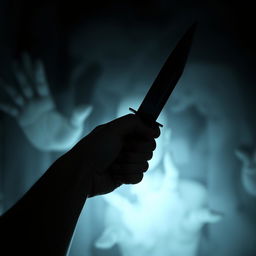 A hand holding a sharp knife pointed downward in a horror-themed setting