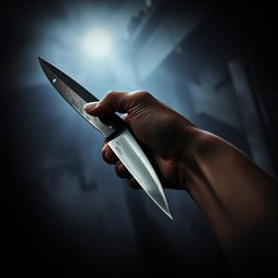 A hand holding a sharp knife pointed downward in a horror-themed setting