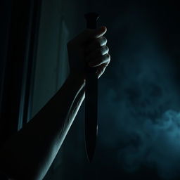 A hand holding a sharp knife pointed downward in a horror-themed setting