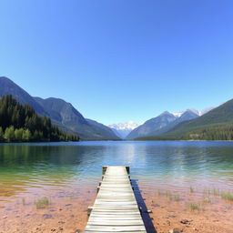 Create a beautiful and peaceful landscape featuring a serene lake surrounded by lush green trees and mountains in the background under a clear blue sky