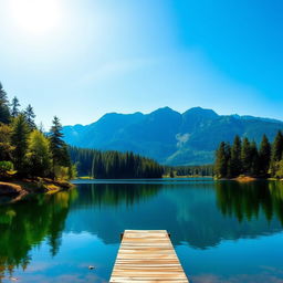 Create a beautiful and peaceful landscape featuring a serene lake surrounded by lush green trees and mountains in the background under a clear blue sky