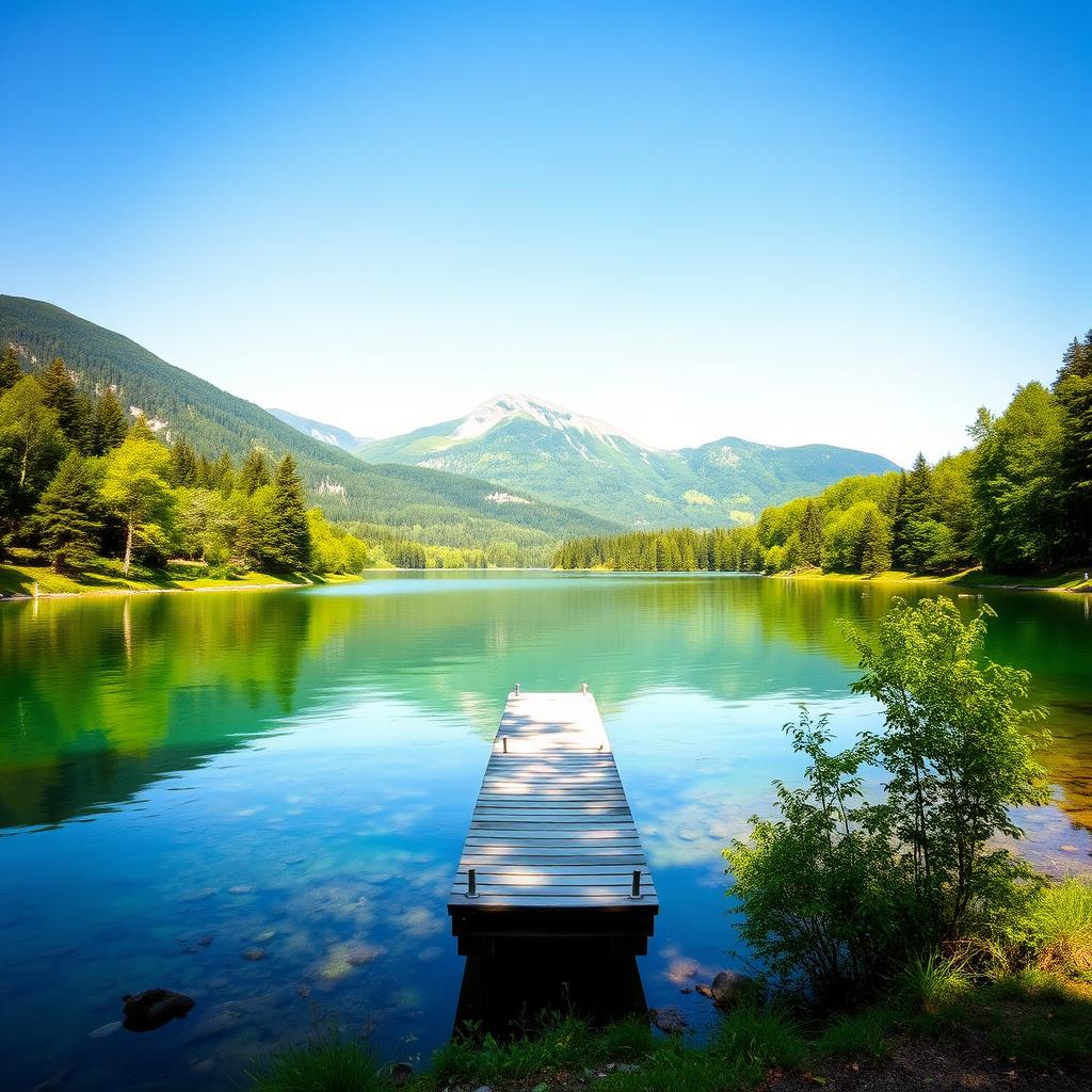 Create a beautiful and peaceful landscape featuring a serene lake surrounded by lush green trees and mountains in the background under a clear blue sky