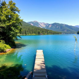 Create a beautiful and peaceful landscape featuring a serene lake surrounded by lush green trees and mountains in the background under a clear blue sky