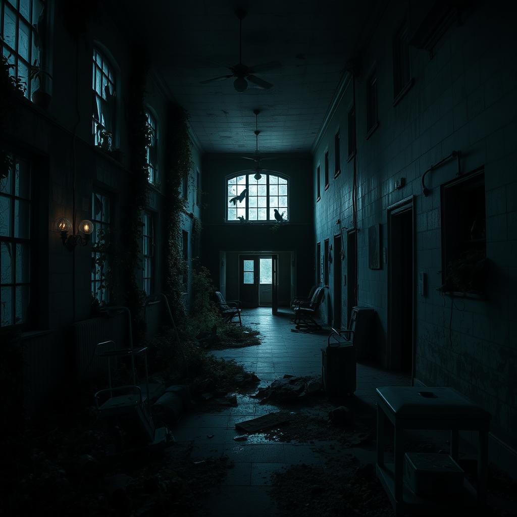 Create a dark and eerie image of an abandoned asylum