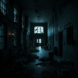 Create a dark and eerie image of an abandoned asylum