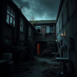 Create a dark and eerie image of an abandoned asylum