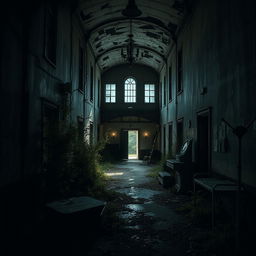 Create a dark and eerie image of an abandoned asylum