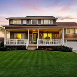 A cozy and inviting suburban family home bathed in the glow of a setting sun, with a beautifully manicured front lawn.