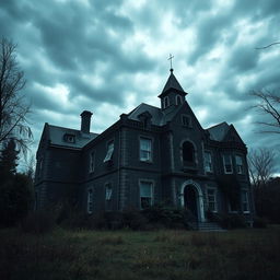 Create a dark and eerie image of the exterior of an abandoned asylum