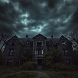 Create a dark and eerie image of the exterior of an abandoned asylum