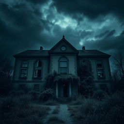 Create a dark and eerie image of the exterior of an abandoned asylum