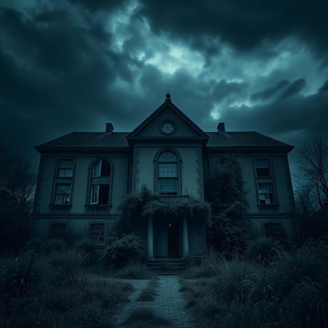 Create a dark and eerie image of the exterior of an abandoned asylum