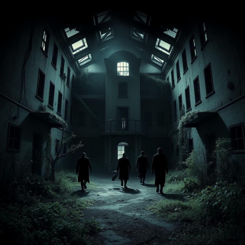 Create a dark and eerie image of an abandoned asylum with a sense of chaos