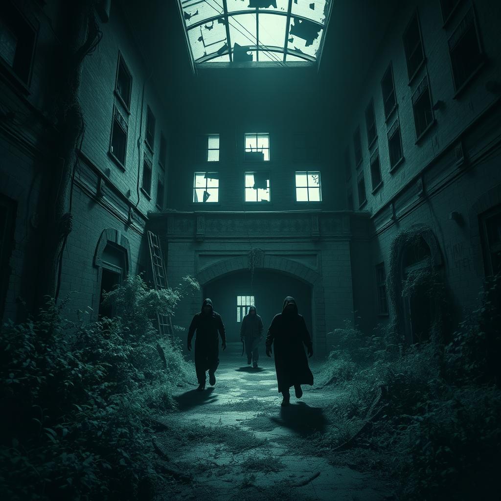 Create a dark and eerie image of an abandoned asylum with a sense of chaos