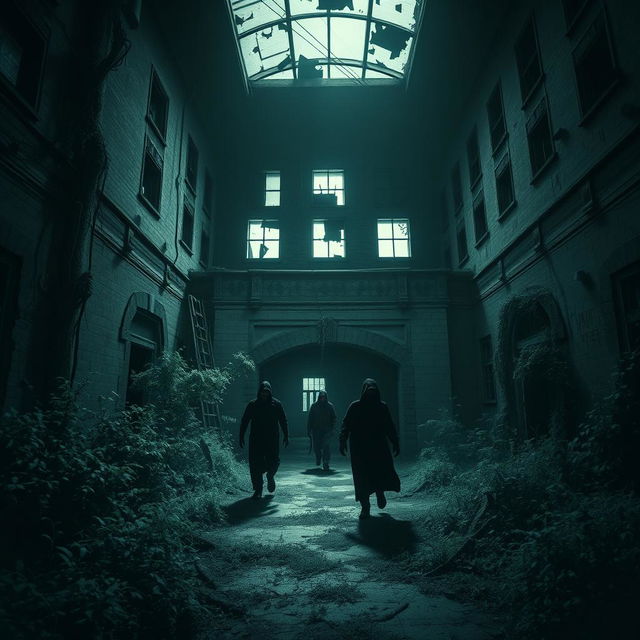 Create a dark and eerie image of an abandoned asylum with a sense of chaos