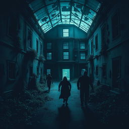 Create a dark and eerie image of an abandoned asylum with a sense of chaos