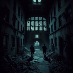 Create a dark and eerie image of an abandoned asylum with a sense of chaos