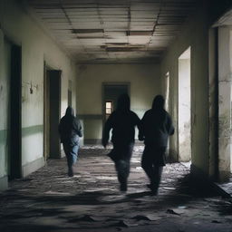 Create a dark and eerie image of an abandoned asylum with five fugitives escaping