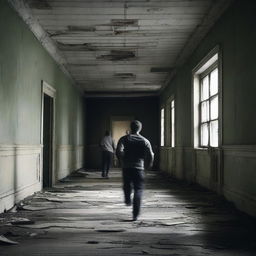 Create a dark and eerie image of an abandoned asylum with five fugitives escaping