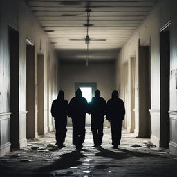 Create a dark and eerie image of an abandoned asylum with five fugitives escaping