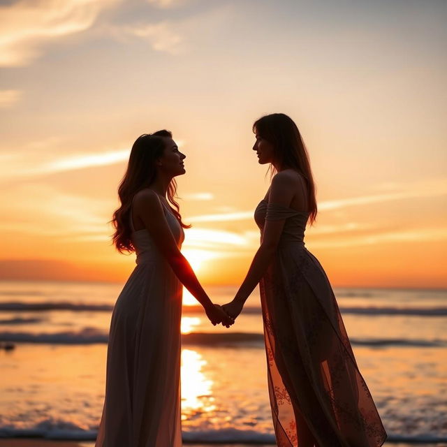 A romantic scene featuring two women in love, holding hands and gazing into each other's eyes