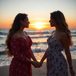 A romantic scene featuring two women in love, holding hands and gazing into each other's eyes