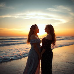 A romantic scene featuring two women in love, holding hands and gazing into each other's eyes