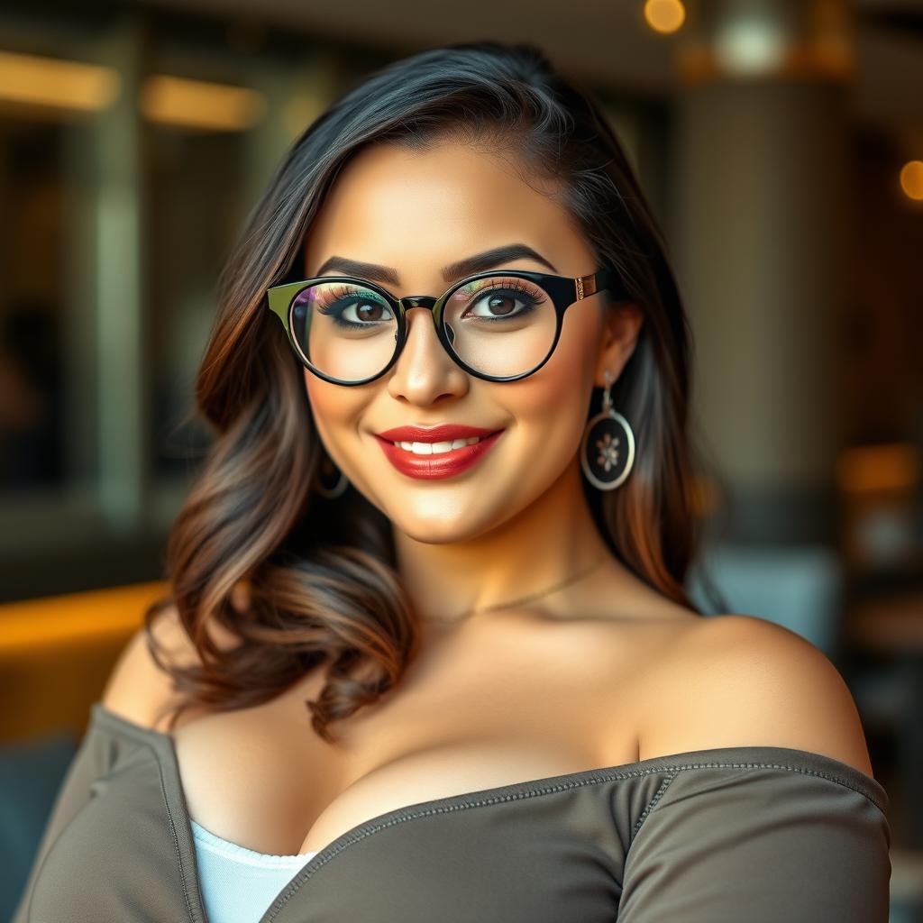 A beautiful woman with a voluptuous figure, wearing round glasses and a stylish outfit