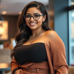 A beautiful woman with a voluptuous figure, wearing round glasses and a stylish outfit