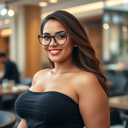 A beautiful woman with a voluptuous figure, wearing round glasses and a stylish outfit