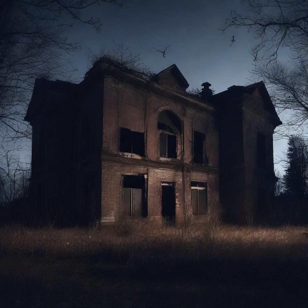 Create a dark and eerie image of the exterior of an abandoned asylum at night