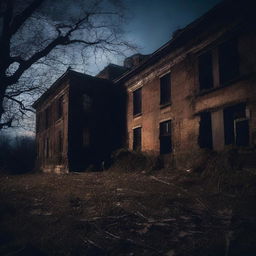 Create a dark and eerie image of the exterior of an abandoned asylum at night