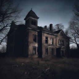 Create a dark and eerie image of the exterior of an abandoned asylum at night