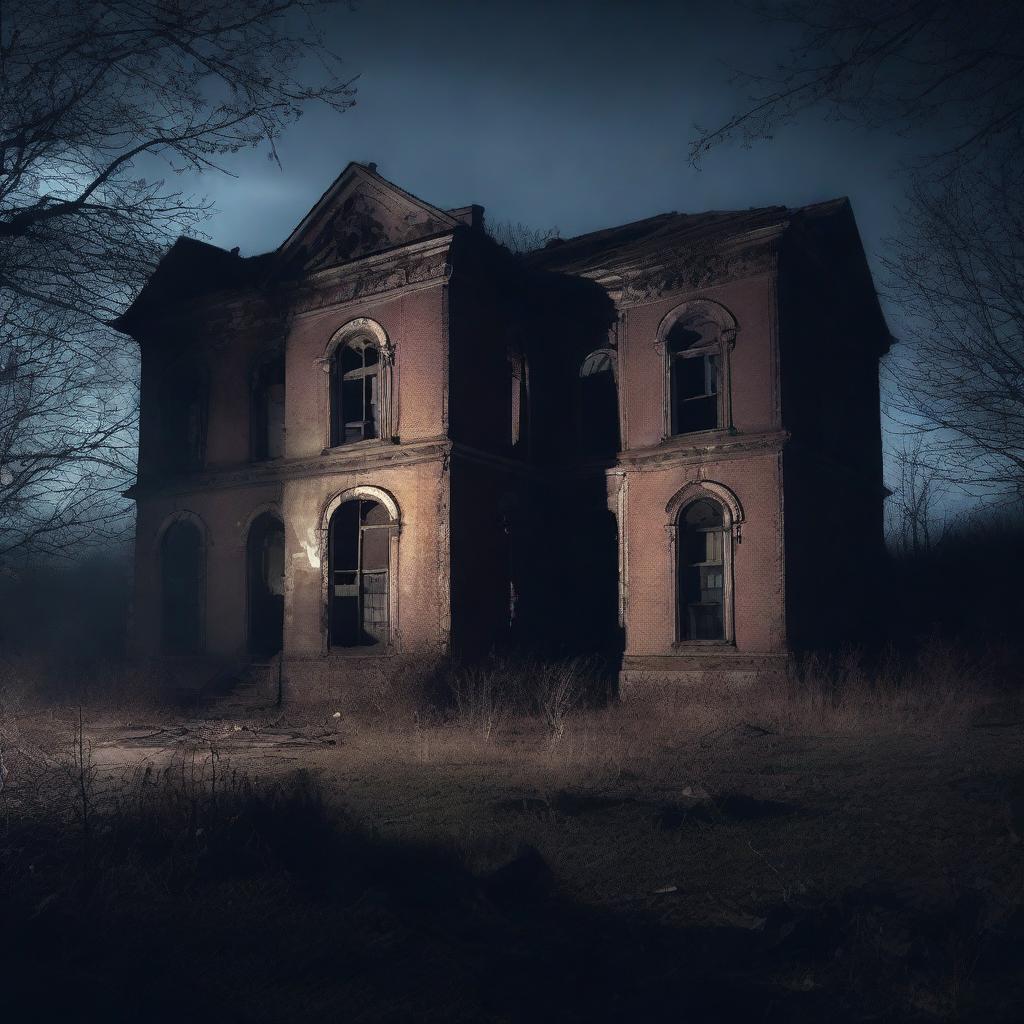 Create a dark and eerie image of the exterior of an abandoned asylum at night