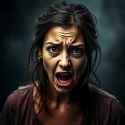 A desperate woman with a look of despair on her face, set against a dramatic background