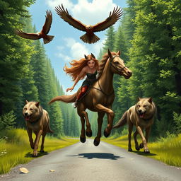 A female centaur is running down a road with a wolf on each side of her and two hawks flying above