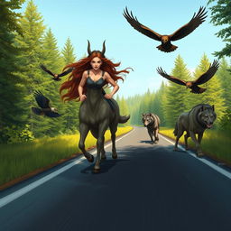 A female centaur is running down a road with a wolf on each side of her and two hawks flying above