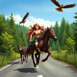 A female centaur is running down a road with a wolf on each side of her and two hawks flying above