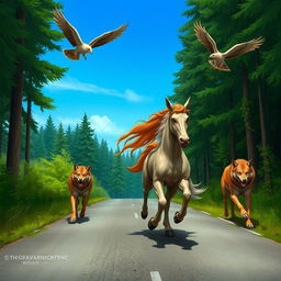 A female centaur is running down a road with a wolf on each side of her and two hawks flying above