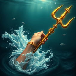 Generate an image in the style of mythological realism featuring a female hand emerging from the depths of the ocean, firmly holding Poseidon's trident