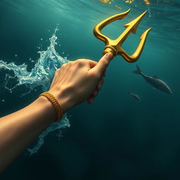 Generate an image in the style of mythological realism featuring a female hand emerging from the depths of the ocean, firmly holding Poseidon's trident