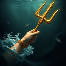 Generate an image in the style of mythological realism featuring a female hand emerging from the depths of the ocean, firmly holding Poseidon's trident