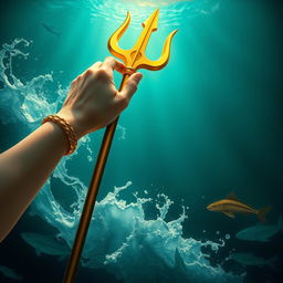 Generate an image in the style of mythological realism featuring a female hand emerging from the depths of the ocean, firmly holding Poseidon's trident