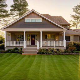 A cozy and inviting suburban family home bathed in the glow of a setting sun, with a beautifully manicured front lawn.