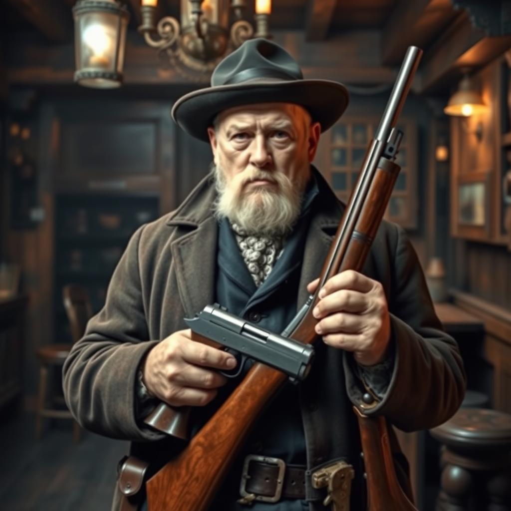 An old Russian mafia member dressed in historical attire, holding antique firearms such as a flintlock pistol and a musket