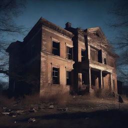 Create an image of the exterior of an abandoned asylum at night