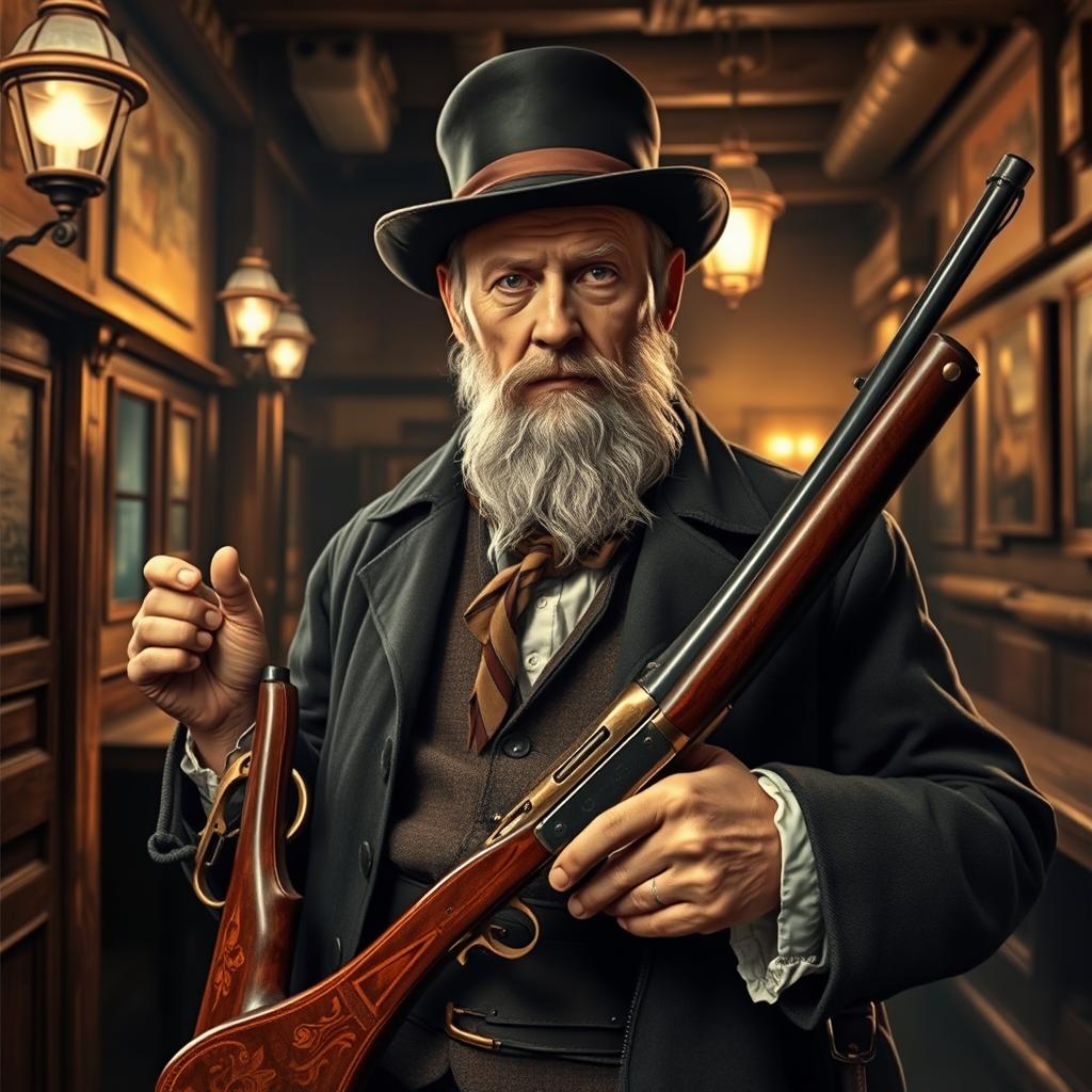 An old Russian mafia member dressed in historical attire, holding antique firearms such as a flintlock pistol and a musket