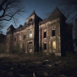 Create an image of the exterior of an abandoned asylum at night