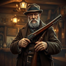 An old Russian mafia member dressed in historical attire, holding antique firearms such as a flintlock pistol and a musket