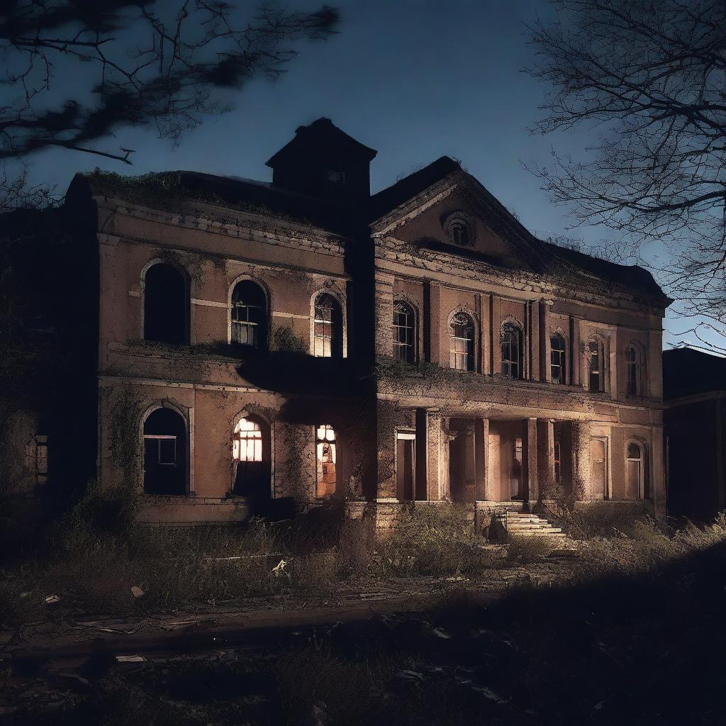 Create an image of the exterior of an abandoned asylum at night